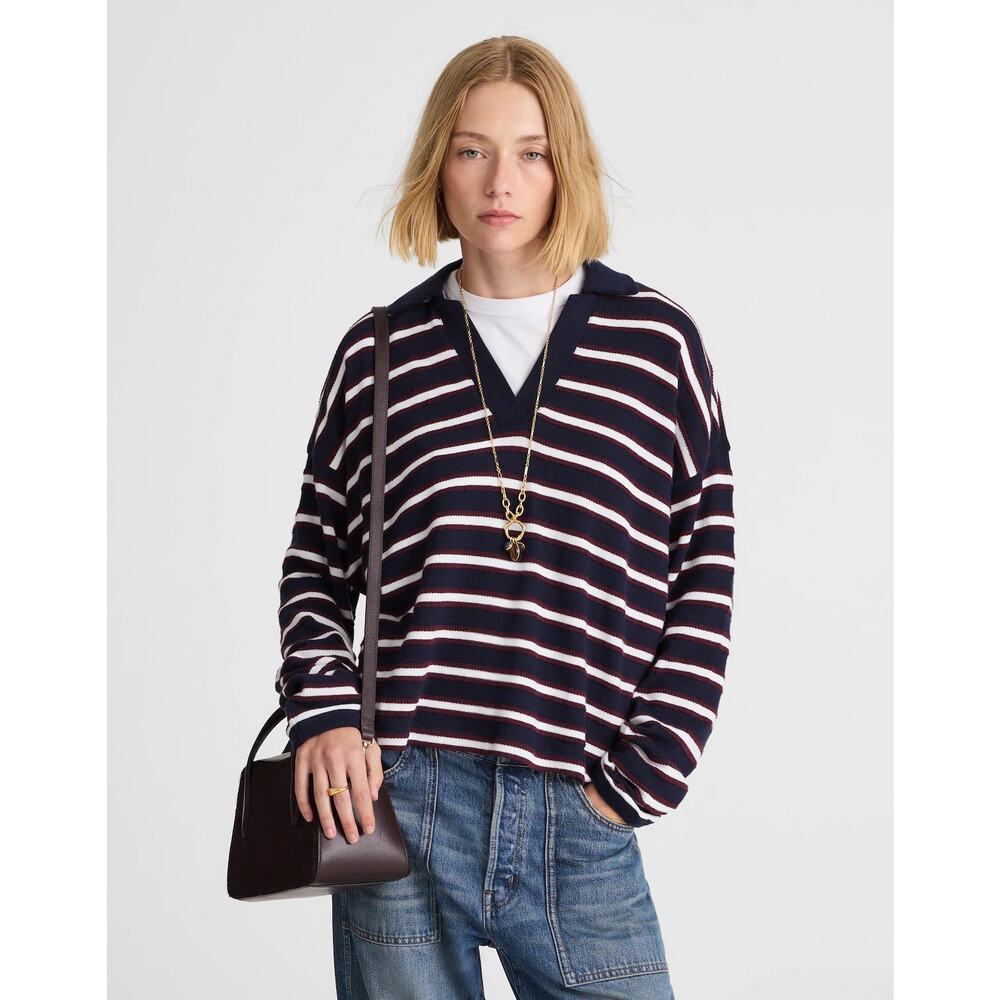 NWT Madewell Women's Relaxed Polo Shirt in Stripe Mau Mau Midnight Darkpom sz XS